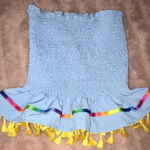 Blue tube top with colorful tassels